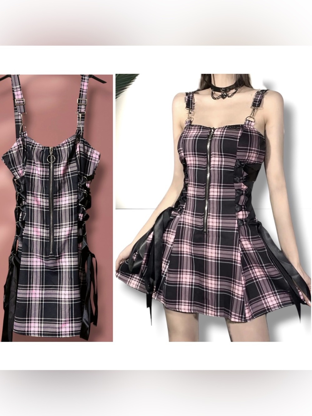 Y2K Gothic Vintage Punk Plaid Zip-Front Pink & Black Sexy A-Line Emo Mini Dress